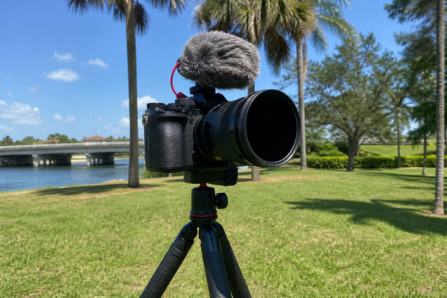 Mirrorless camera with fur windshield in park sun.