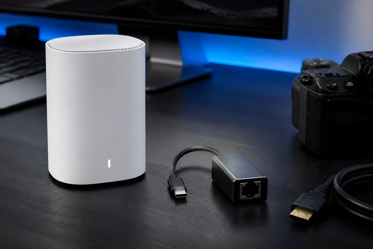 Mesh node and USB-C Ethernet adapter on a desk.