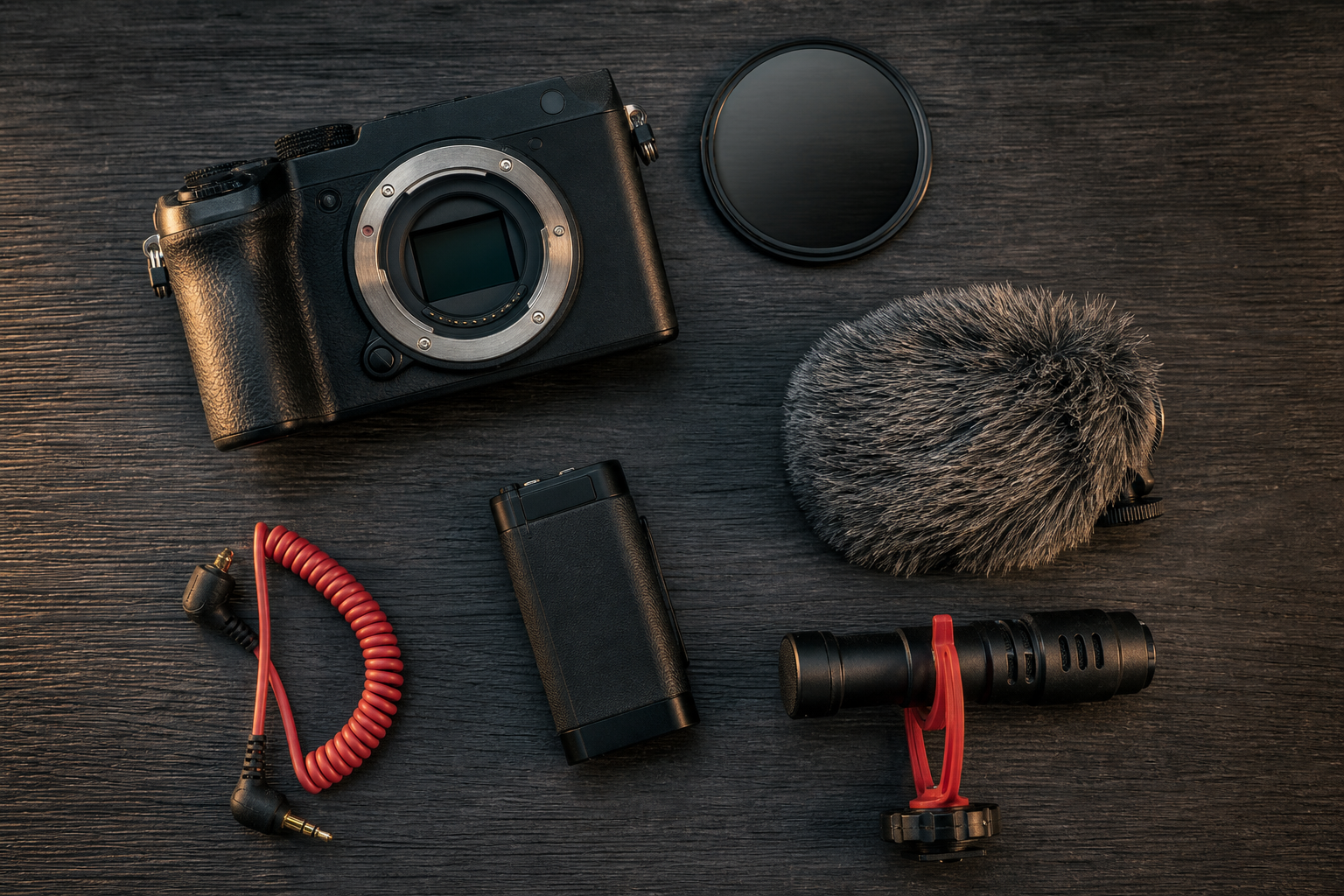 Camera, ND, shotgun, and fur as flat props.