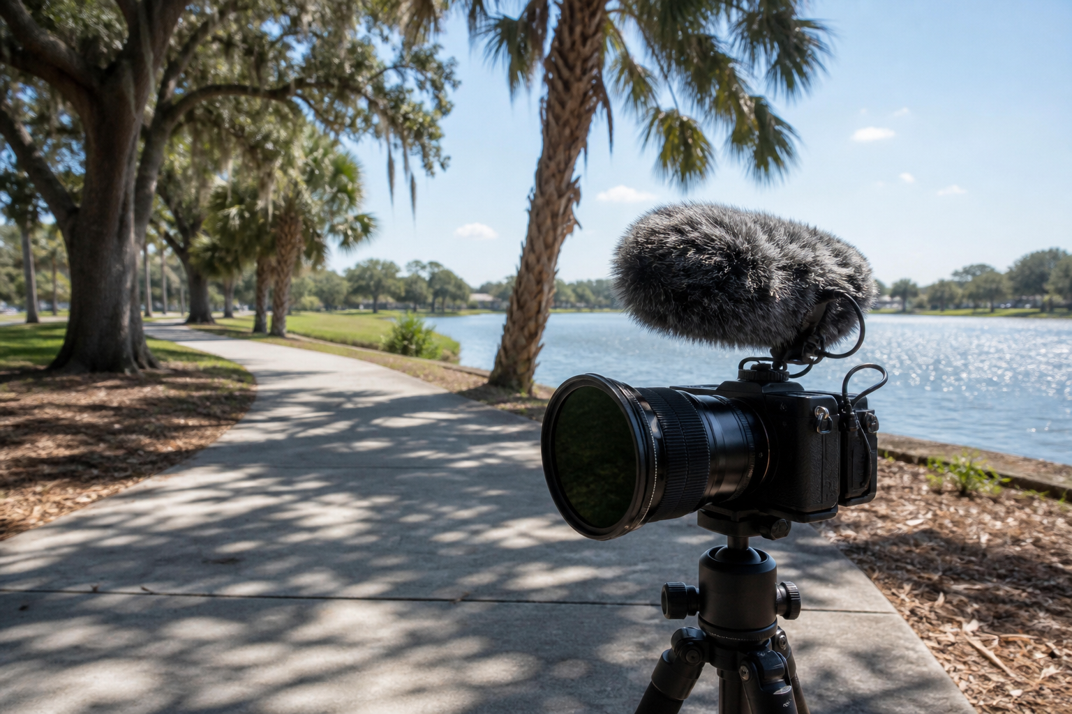 Camera on a park sidewalk beside water.